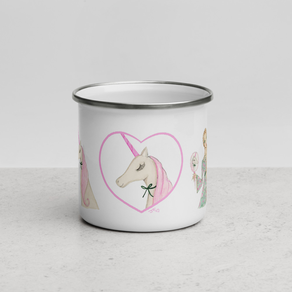 enamel_mug_300unicorn_mockup_Front_Lifestyle-3_12oz_White Lady and Unicorn Enamel Mug